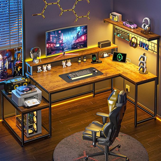 Gaming Desk with Shelves & Hooks, 56" L Shaped Computer Desk with LED Lights & Power Outlets & Monitor Stand and Printer Space for Home Office, Study Room, Bedroom, Rustic Brown