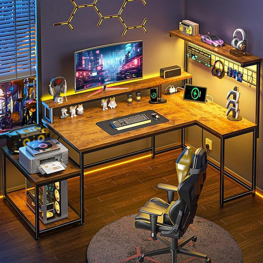 Gaming Desk with Shelves & Hooks, 56" L Shaped Computer Desk with LED Lights & Power Outlets & Monitor Stand and Printer Space for Home Office, Study Room, Bedroom, Rustic Brown