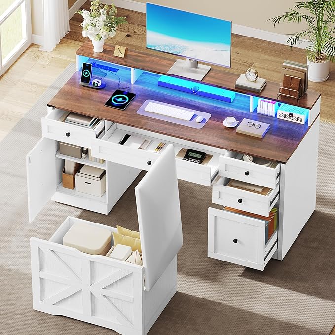 YITAHOME Computer Desk Stool Set with 5 Drawers, Office Desk with Power Outlets & LED Lights, Farmhouse Wood Desk Home Office Desks with Storage Cabinet & Monitor Stand for Work, Study, Antique White