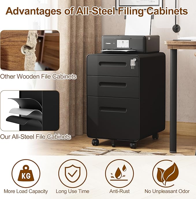 3 Drawers File Cabinet, Mobile Filing Cabinet with Lock, with 25 File Folders, Steel, Fully Assembled Except Casters, for Home Office, Black