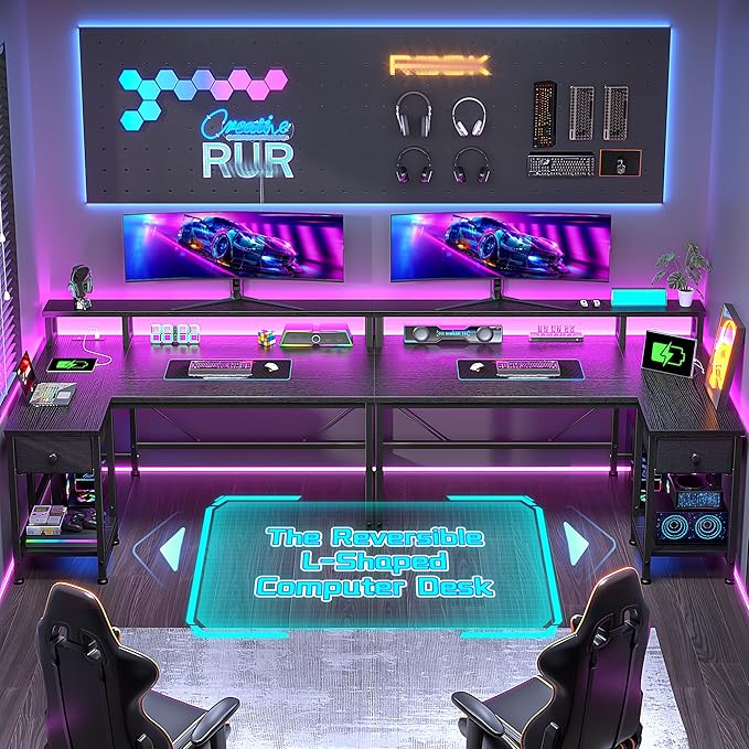 48" Gaming Desk with Power Outlet, Computer Desk with LED Lights & Drawer, L Shaped Desk with Monitor Stand for Gaming, Home Office Desk for Study Room, Bedroom, Living Room, Bedroom, Black