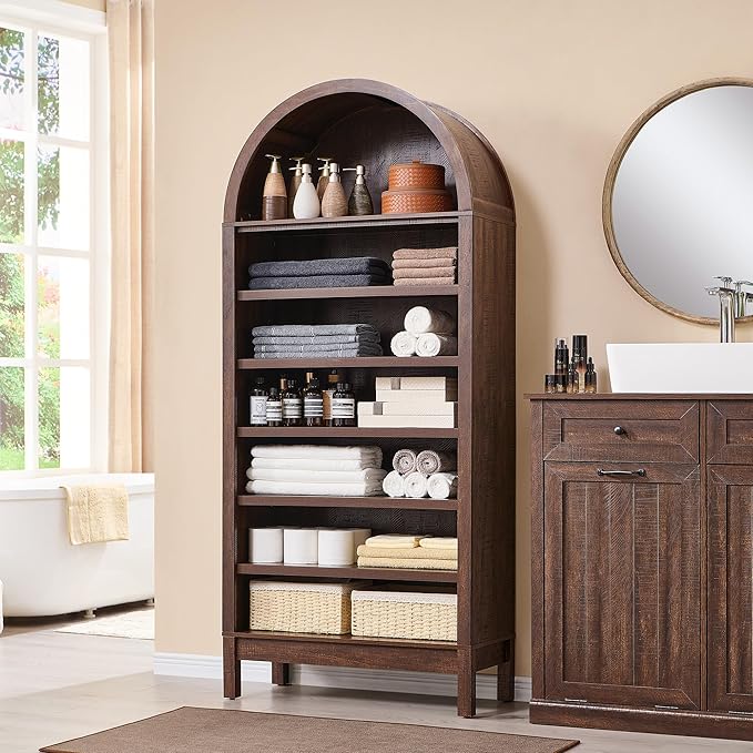 71" Tall Arched Bookshelf, 7 Tiers Arch Bookcase with Storage, Modern Farmhouse Book Shelf with Adjustable Shelves, Wood Bookshelf w/Open Display Shelves for Living Room, Office (Brown)
