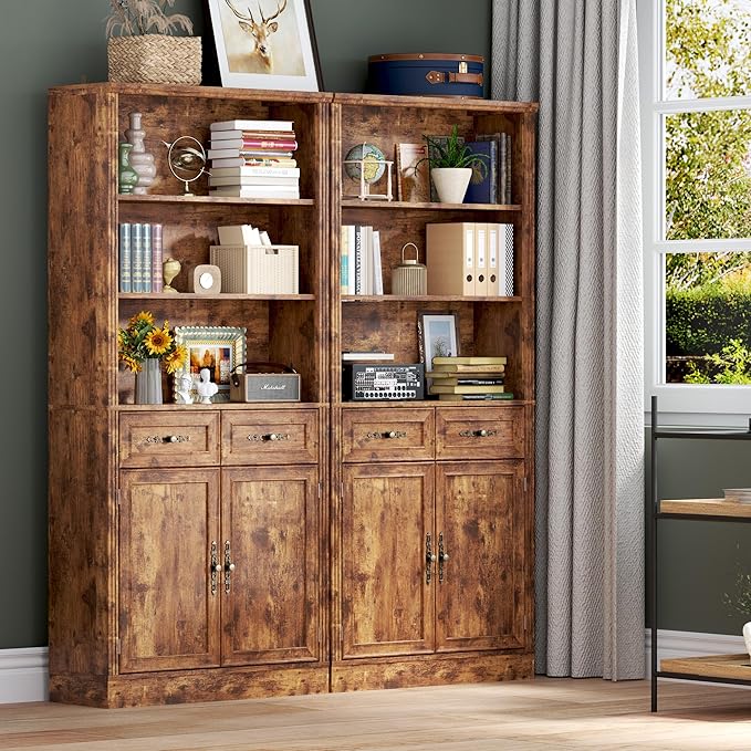 70.1" Tall Bookshelf with Drawers & Cabinet, 5-Tier Floor Standing Bookcase with Storage Doors, Adjustable Shelves & Metal Handles, 31.5" Wide Organizer for Home Office, Living Room