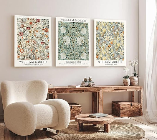 Induslyfe Large Framed Flower Wall Art Canvas Decor Set of 3, William Morris Wall Art Framed Prints Mid Century Modern Art, Aesthetic Floral Botanical wall art for bedroom living room bathroom 18x24