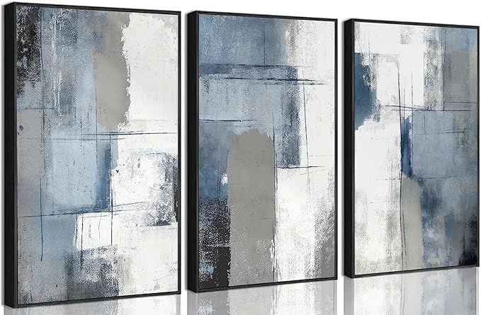 3 Pcs Navy Blue Abstract Canvas Wall Art Modern Minimalist Neutral Blue and Grey Paintings Pictures Wall Decor Poster Print Artwork for Living Room Bedroom Office Home Decoration Unframed