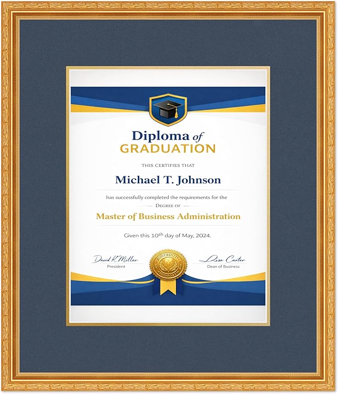 Diploma Frame Museum Gold with Navy Blue Over Gold Double Mat - Fits 11 x 14 College Diploma (Portrait) Wall Display Made in the USA