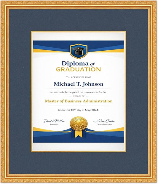 Diploma Frame Museum Gold with Navy Blue Over Gold Double Mat - Fits 11 x 14 College Diploma (Portrait) Wall Display Made in the USA