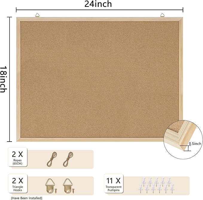 Cork Board Bulletin Board,24x18 Cork Board for Office with Pin Oak Wood Boards,Message Board or Vision Board Decoration.