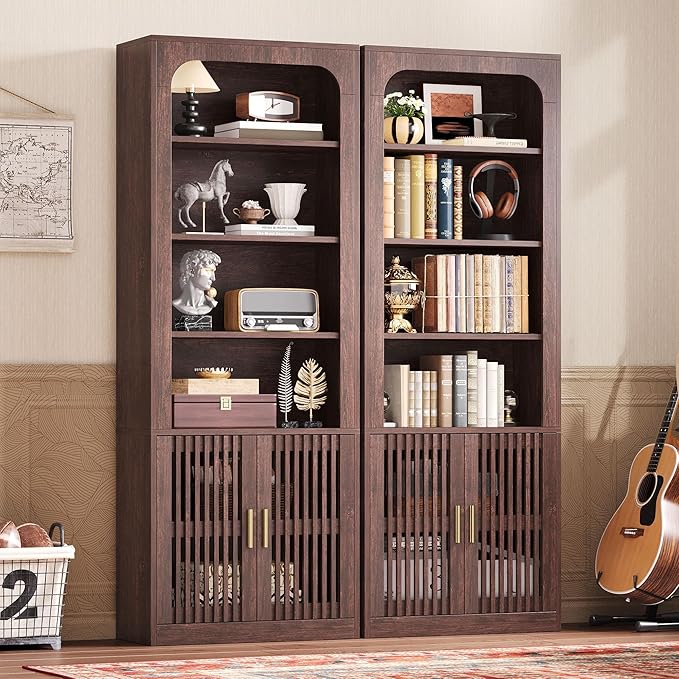 IRONCK Mid-Century Book Shelf, 6-Tier Floor Standing Bookcase with Grille Doors, Tall Storage Shelves for Display & Organizing, Suitable for Home Office, Living Room(Natural Red Walnut)