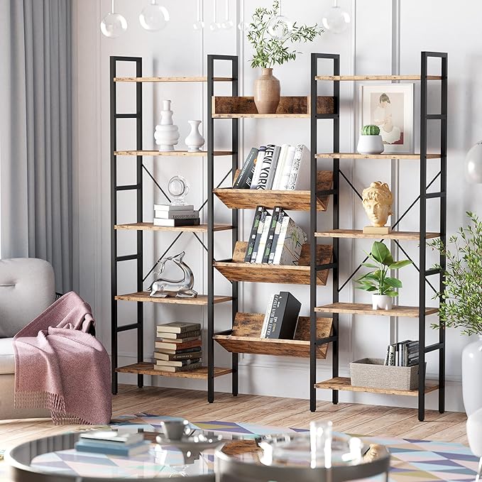 IRONCK Bookshelf, Bookshelves and Bookcases, Triple Wide 5 Tiers Book Shelf with Baffles, Industrial Bookshelf with Metal Frame for Living Room, Home Office