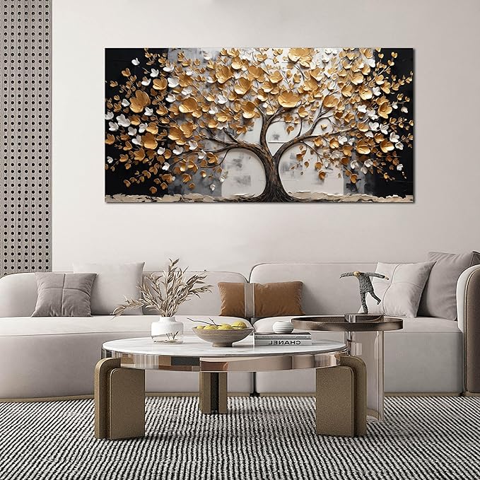 SKYRISE Abstract Gold Tree Wall Art for Living Room, Golden Tree Canvas Wall-Decor for Bedroom, Modern Landscape Decorative-Picture Print Artwork for Office Home, Large Size 59x29 Inches