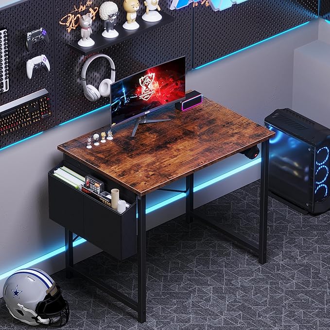 OLIXIS Computer Desk 31 Inch Home Office Desks for Small Spaces, Gaming Writing Study Work Table with Storage Bag and Headphone Hook for Bedroom, Rustic Brown