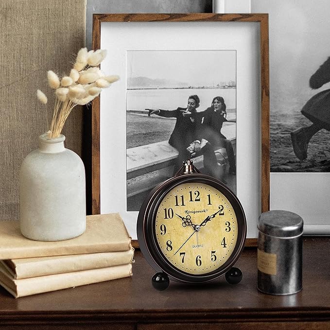 Vintage Analog Alarm Clock, 5.25 inch Small Silent Desk Clock with Night Light, Battery Operated for Table, Bedroom, Bedside, Living Room, Room Decor (Classic)