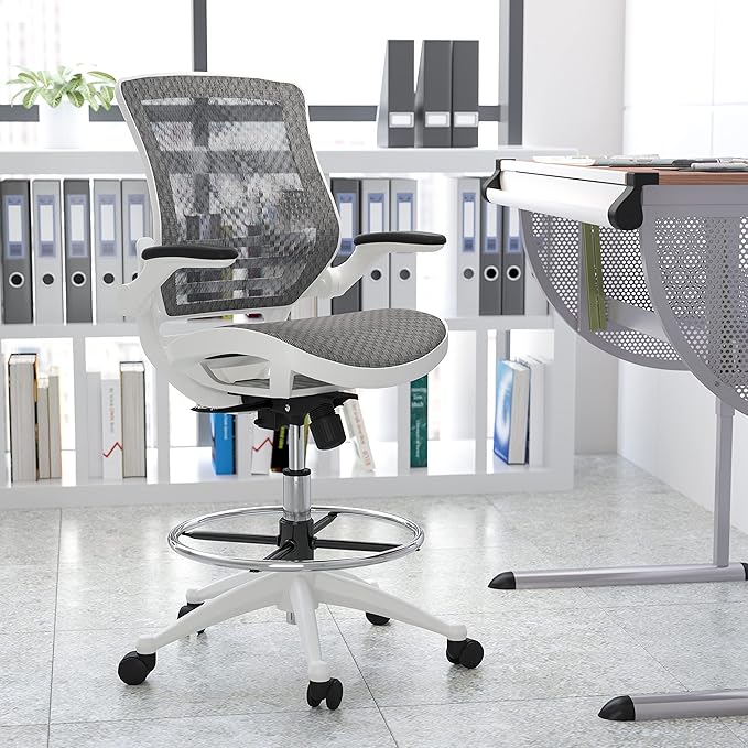Flash Furniture Waylon Mid-Back Swivel Office Chair with Adjustable Foot Ring and Seat Height, Ergonomic Mesh Chair with Armrests, Gray/White