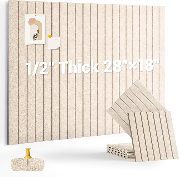 1/2" Thick Cork Board for Office, 6 Pack Felt Wall Tiles -28"x18" with Safe Adhesive Tabs, Large Bulletin Board, Push Pin Board Organizer Wall - Beige