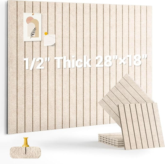 1/2" Thick Cork Board for Office, 6 Pack Felt Wall Tiles -28"x18" with Safe Adhesive Tabs, Large Bulletin Board, Push Pin Board Organizer Wall - Beige