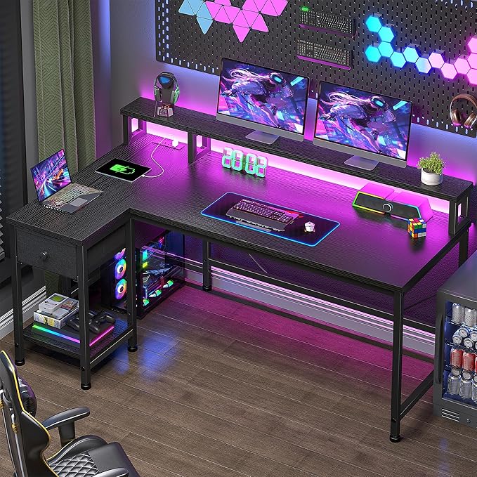 48" Gaming Desk with Power Outlet, Computer Desk with LED Lights & Drawer, L Shaped Desk with Monitor Stand for Gaming, Home Office Desk for Study Room, Bedroom, Living Room, Bedroom, Black