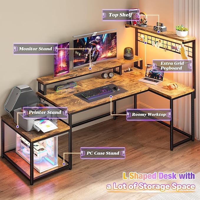 EnHomee 63" L Shaped Gaming Desk with LED Lights & Power Outlets,Reversible Corner Gaming Table with Storage Shelf & Hooks,Computer Desk with Monitor Stand & Print Stand for Home Office,Rustic Brown