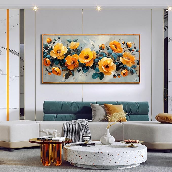 AOZEMI Yellow Wall Art Modern Artwork Blue Home Decorations Room Decor Flower Art for Living Room 29"x59"in Wall Pictures