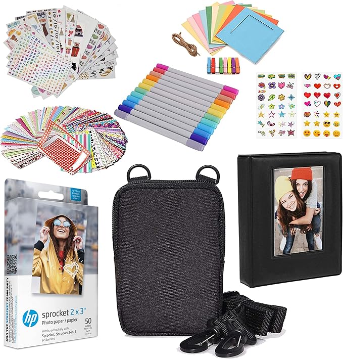 HP 2x3 Premium Zink Photo Paper (50 Pack) Accessory Kit with Photo Album, Case, Stickers, Markers