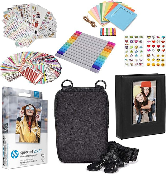 HP 2x3 Premium Zink Photo Paper (50 Pack) Accessory Kit with Photo Album, Case, Stickers, Markers
