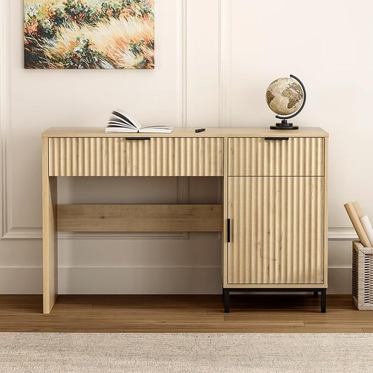 47" Home Office Desk with Fluted Drawers, Wood Exectuive Desk with Storage Cabinet, Charging Station, Metal Legs Modern Farmhouse Computer Desk for Work, Study Light Oak