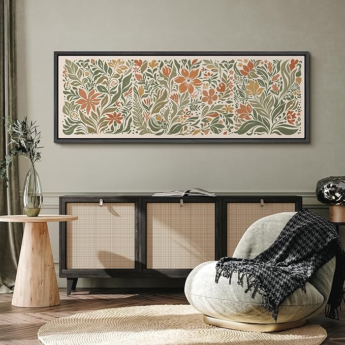SIGNFORD Large Framed Canvas Folk Floral Garden in Earth Tones Illustrations Modern Art Calm Warm for Living Room, Bedroom, Office - 60"x20"