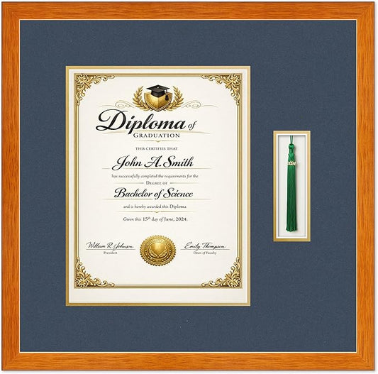 Diploma and Tassel Frame Fits 10 x 13 College Diploma (Portrait Traditional) W Honey Oak Genuine Hardwood Shadowbox with Navy Blue Over Metallic Gold Double mat