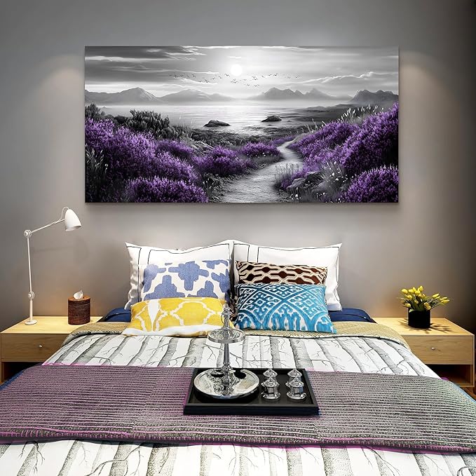 FUHAIHUA Canvas Wall Art For Living Room Wall Decor For Bedroom Office Wall Decoration Purple Flowers Landscape Painting Black And White Pictures Artwork Room Aesthetic Home Decor 20x40 In