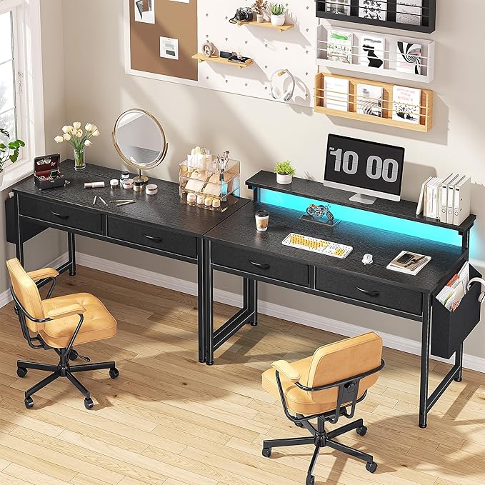 Gaming Desk with LED Lights & 2 Fabric Drawers, 39.4Inch Home Office Computer Desk with Side Pocket & Ergonomic Monitor Stand, Small Space Study Writing Table with Anti-Tip Design,Black