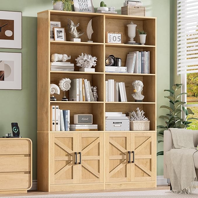 Modern Bookshelf and Bookcase with 4 Doors Set of 2, 71" Tall Double Book Shelf with Storage Cabinets, Floor Standing Open Display Shelves, 6 Tier Large Book Case for Home Office, Natural