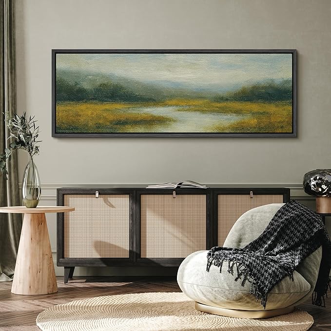 SIGNFORD Large Framed Canvas Misty Meadow River Landscape Illustrations Modern Art Calm Warm for Living Room, Bedroom, Office - 60"x20"