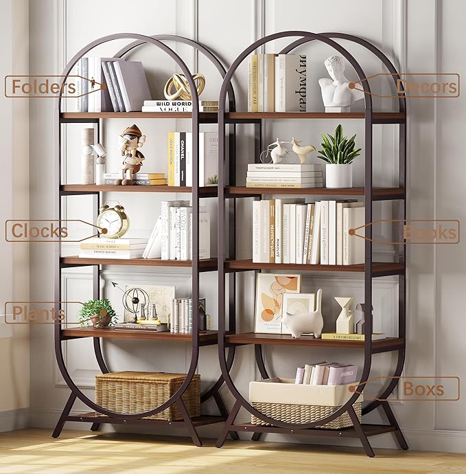 Bookshelf Arched Bookcase, 5 Tier Open Freestanding Display Shelf for Home Office, Living Room, Walnut