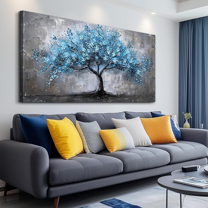 FUHAIHUA Canvas Wall Decor For Bedroom Large Wall Art For Living Room Office Decortions Black And White Paintings Blue Trees Wall Pictures Framed Mural Aesthetic Home Decor Posters Artwork 24x48 In