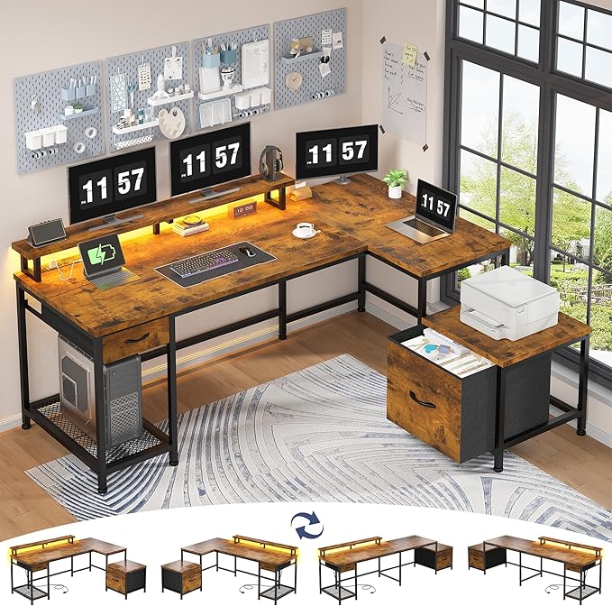 96.5''Office Desk with LED Lights, L Shaped Gaming Desks with Power Outlets, Two Person Computer Desk with Drawers & Monitor Shelf for Home Office, Study Room and Bedroom, Rustic Brown