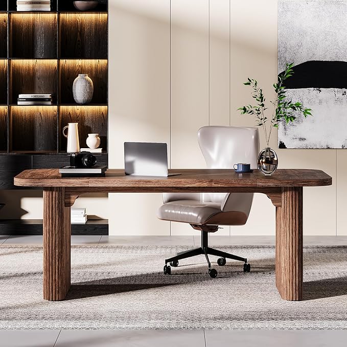 Tribesigns 62-Inch Modern Executive Desk, Wood Office Desk, Large Aesthetic Computer Desk with Double Pedestal, Workstation for Home Office (Brown)