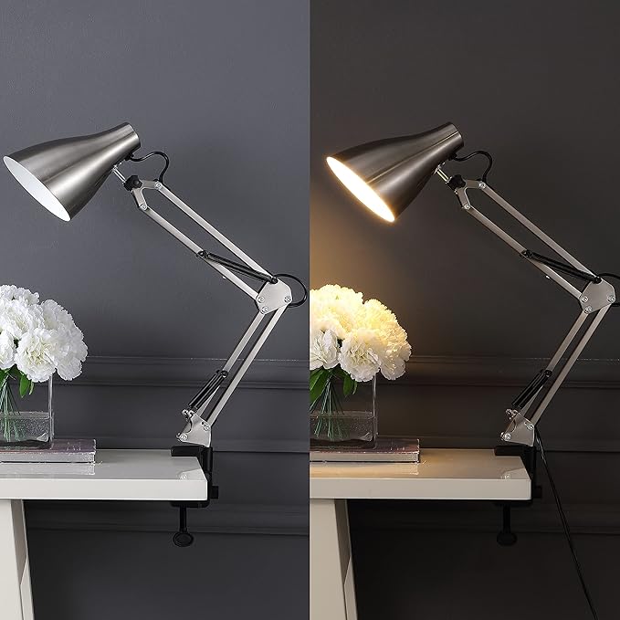 JONATHAN Y 28.5" Nickel Odile Industrial Adjustable Clamp-On LED Task Lamp with Metal Shade, Vintage Articulated Desk Lamp for Home Office Studio, LED Bulb Included (JYL7125B)