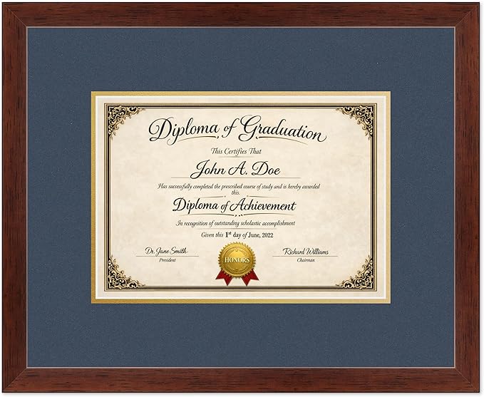 Diploma Frame Rustic Walnut with Navy Blue Over Gold Double Mat - Fits 11.69 x 8.27 A4 Certificate Wall Display Made in the USA