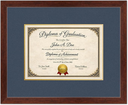 Diploma Frame Rustic Walnut with Navy Blue Over Gold Double Mat - Fits 11.69 x 8.27 A4 Certificate Wall Display Made in the USA