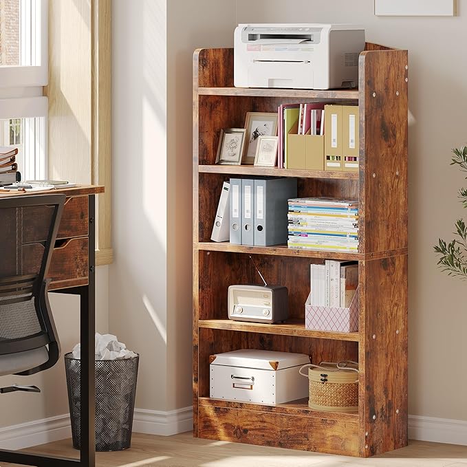 5-Tier Wooden Bookshelf，Open Bookcase with Storage Shelves, Floor Standing Unit, Furniture Selection for Living Room,Bedroom, Home Office, Rustic Rrown