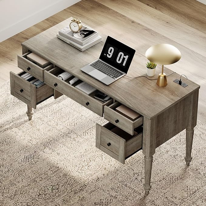 WAMAPT Farmhouse Executive Desk with 5 Drawers, Home Office Desk with Charging Station, Wood Computer Desk with File Cabinet Storage, Door, Open Shelf for Work and Study, Wash Grey, 55 inch