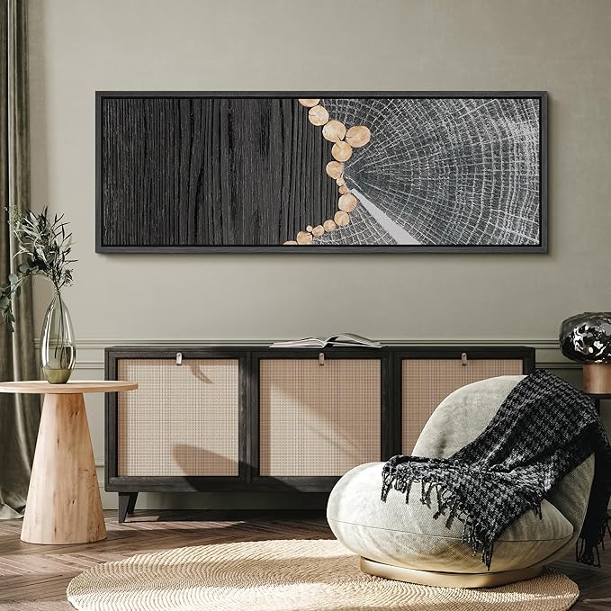 SIGNFORD Large Framed Canvas Black Wood and Tree Ring Abstract Illustrations Modern Art Warm for Living Room, Bedroom, Office - 60"x20"