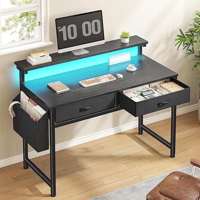 31.5Inch Office Computer Desk with LED Lights & 2 Fabric Drawers, Gaming Desk with Side Pocket & Ergonomic Monitor Stand, Small Space Study Writing Table with Anti-Tip Design,Black