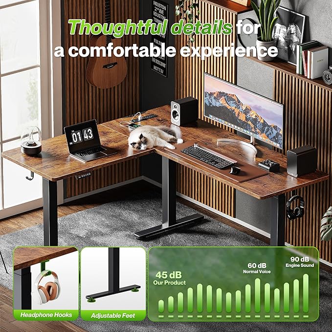 Huuger L Shaped Standing Desk with Power Outlets, 63 x 55 Inch Height Adjustable Computer Desk for Bedroom, Corner Stand up Desk for Home and Office, Work and Study, Rustic Brown