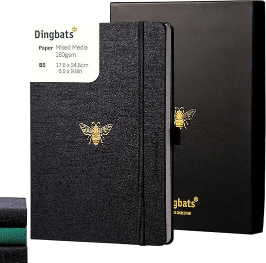 Dingbats* Pro Dotted Large B5 Notebook with Gift Box - Black Textile Cover, Thread-Bound Writing Journal - Pocket, Elastic Closure, Bookmark