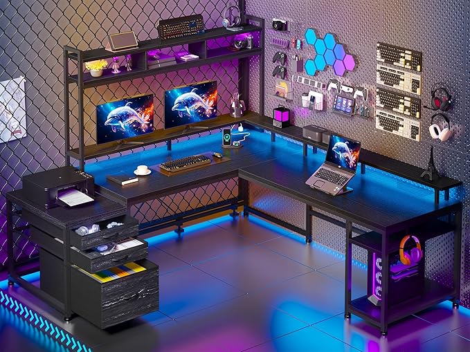 EnHomee 64 x 60 Inches L Shaped Desk with Hutch and Drawers, Gaming Desk with Power Outlet & Monitor Stand & LED Lights, Computer Corner Desk, Two Person Office Desk for Living, Gaming Room, Black