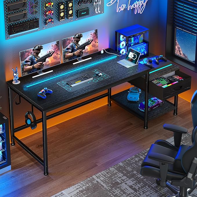 Gaming Desk 48.1 Inch with LED Lights and Power Outlets,Reversible Computer Desk with Drawers and Shelf,Gaming Table with Hooks for Headphone,Bags,Small Desk for Bedroom,Dorm,Black