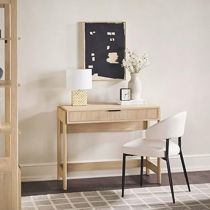 Walker Edison Transitional Office Design, Reeded Drawer Front Detail, Writing Desk with Drawer, Spacious Desktop, Complementary in Living Spaces, 38 Inch, Coastal Oak