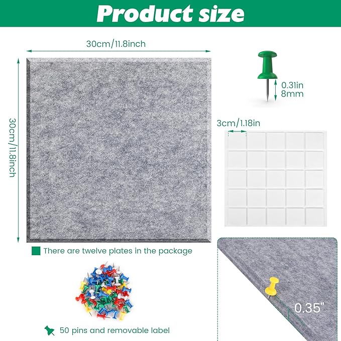 Large Cork Board Alternative - 11.8"x11.8"x0.35" 12 Pack Felt Wall Tiles Self-Adhesive Safe Removable Large Corkboard Bulletin Board Felt Cork Board for Walls or Office 48 x 36-Light Gray
