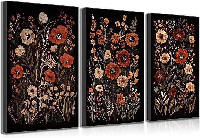Wavkkey 3 Pcs Dark Floral Canvas Wall Art Vintage Moody Flowers Botanical Posters Painting Picture Wall Decor Print Artwork for Living Room Bedroom Women Room Home Decoration